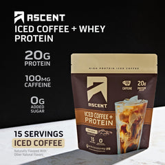 Ascent protein coffee powder scoop beside a glass for quick energy