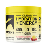 Ascent Raspberry Lemonade tub-front shows a clean hydration option for workouts