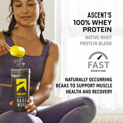 Ascent whey protein powder scoop showing 25g protein per serving for recovery.
