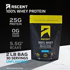 Ascent whey protein unflavored scoop ready for quick mixing after training.