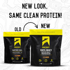Ascent Whey Protein tub back view shows gluten-free formulation