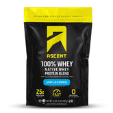 Ascent 100% Whey Protein unflavored 2 lb tub ready for post-workout shakes.