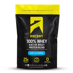 Ascent 100% Whey Protein unflavored 2 lb tub ready for post-workout shakes.