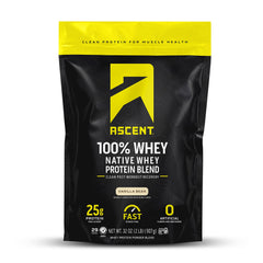 Ascent whey protein vanilla bean powder for post-workout nutrition.