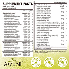 Ascuoli Probiotics close-up showing 300B CFU per serving.
