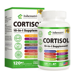 Ashenutri 10-in-1 cortisol supplement bottle front for daily stress support