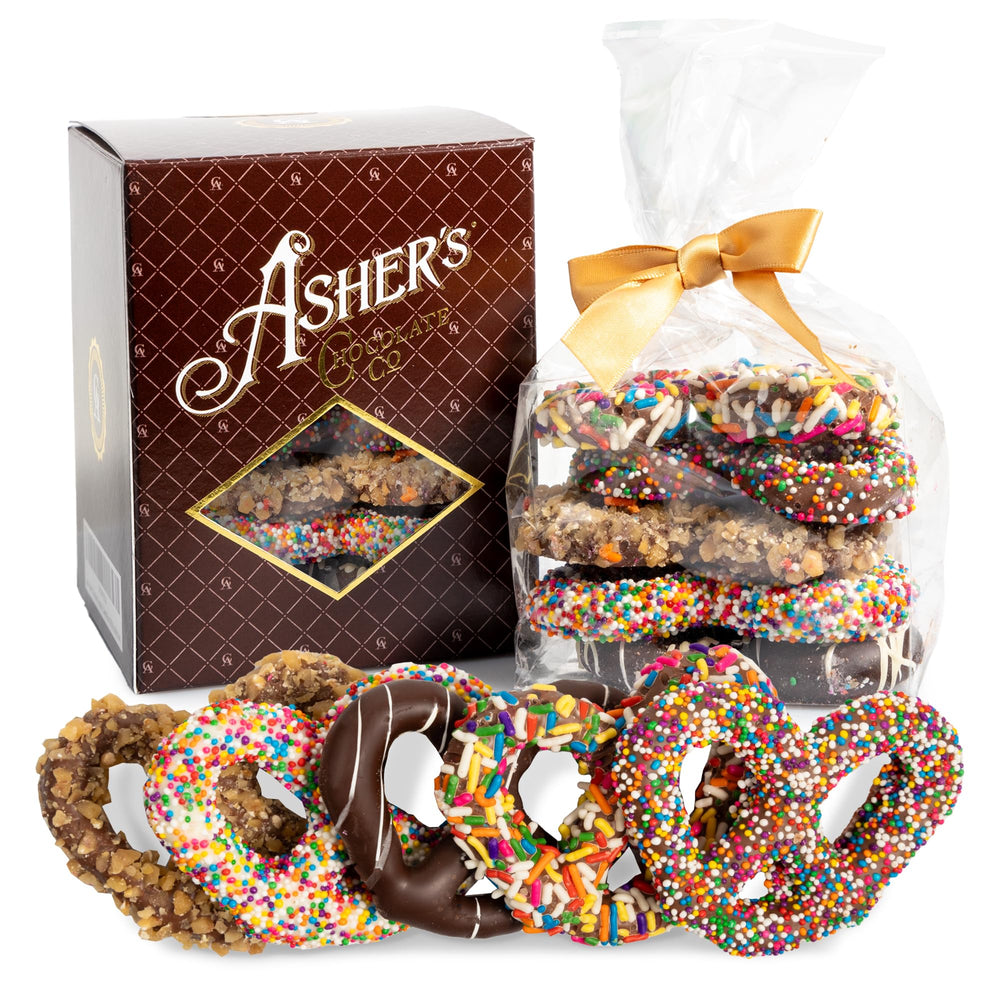 Asher's Chocolates chocolate-covered pretzels in a gift basket, a sweet-salty treat for sharing.