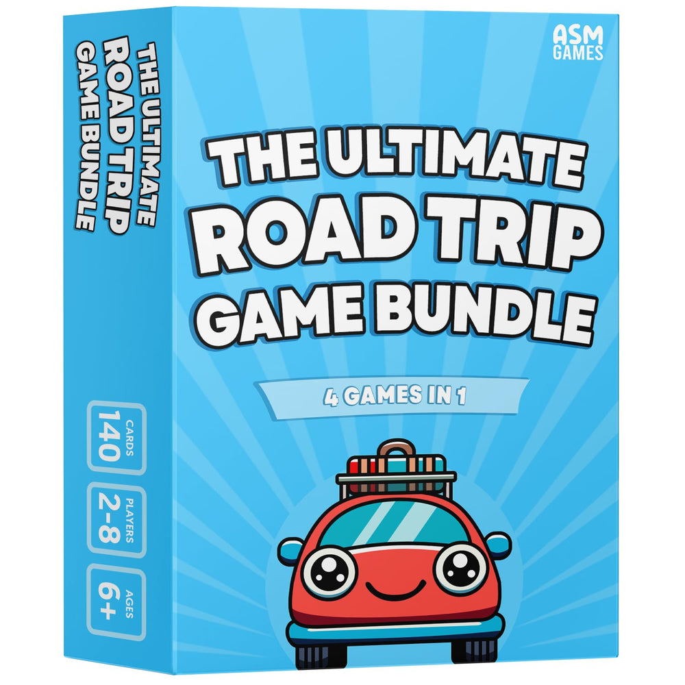 ASM GAMES road trip bundle open box, showcasing the four travel games for family fun.