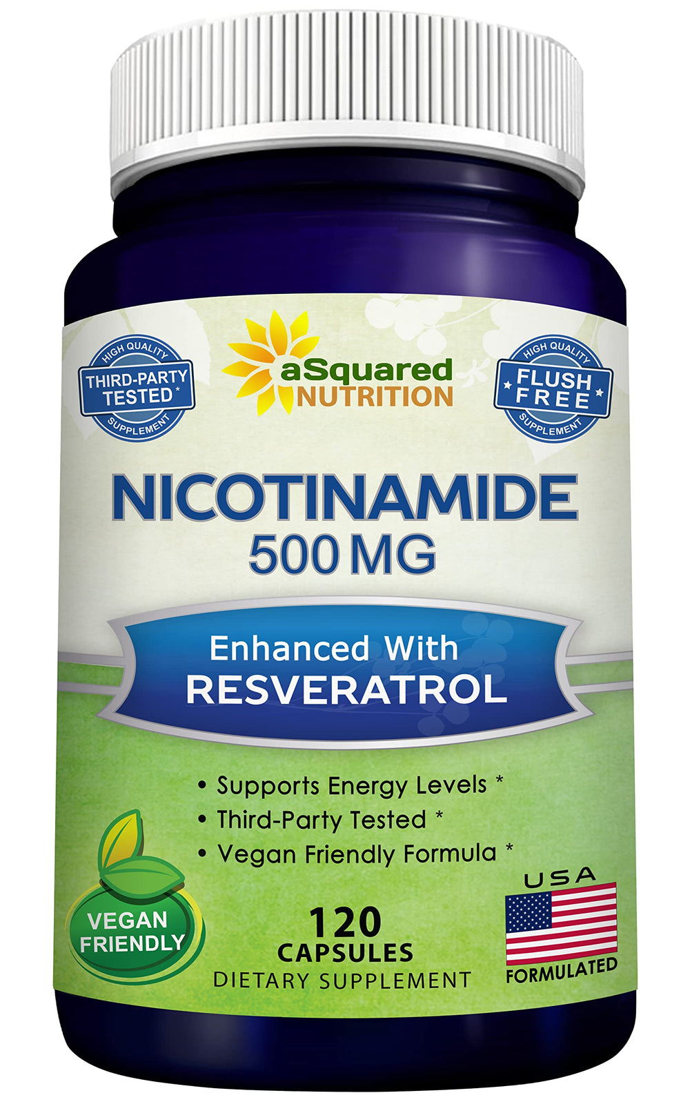 asquared nutrition nicotinamide with resveratrol bottle shows 500mg B3 potential longevity support