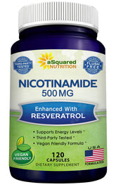 asquared nutrition nicotinamide with resveratrol bottle shows 500mg B3 potential longevity support