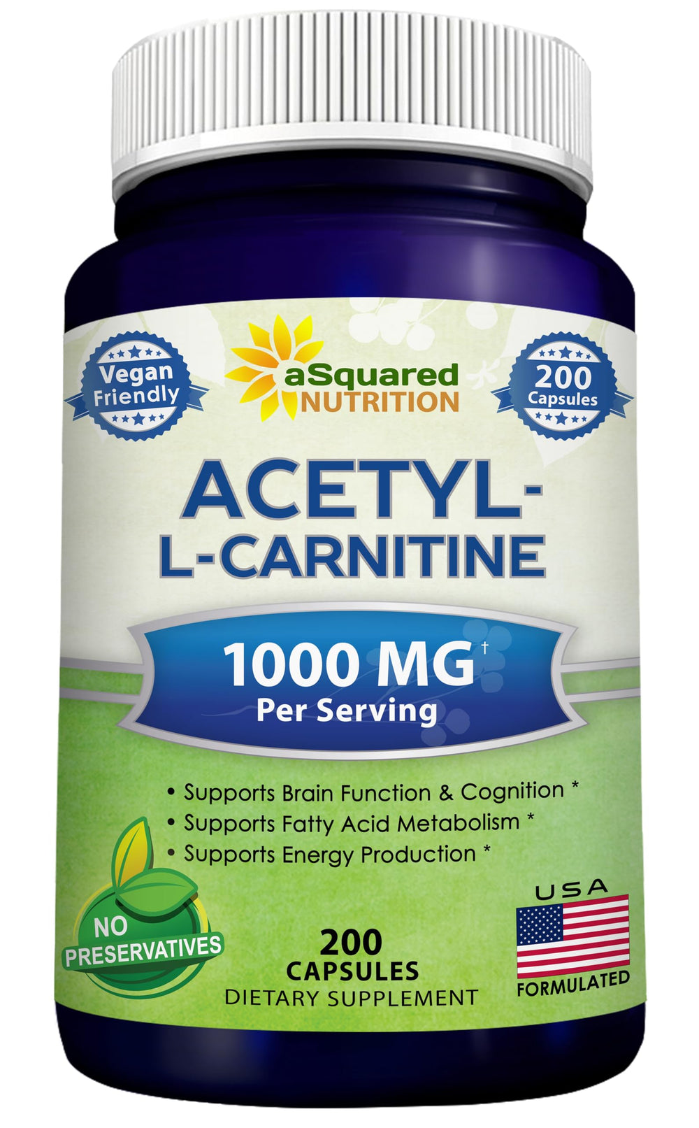 aSquared Nutrition Acetyl L-Carnitine 1000mg bottle for daily energy support.