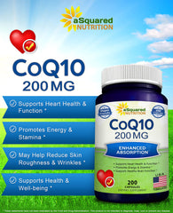 Close-up of aSquared Nutrition CoQ10 capsules highlighting high absorption vegan ubiquinone