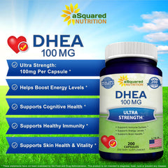 aSquared Nutrition DHEA 100mg bottle label shows GMP and ISO testing.