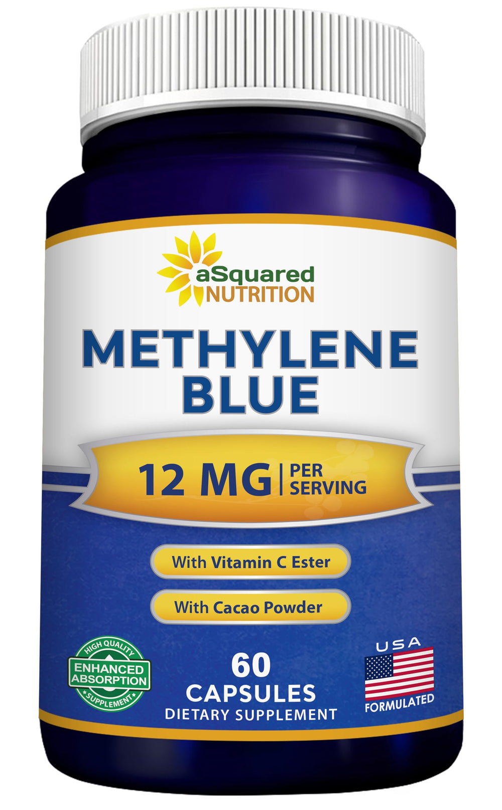 aSquared Nutrition Methylene Blue capsules bottle—pharmaceutical-grade supplement for focus and energy.