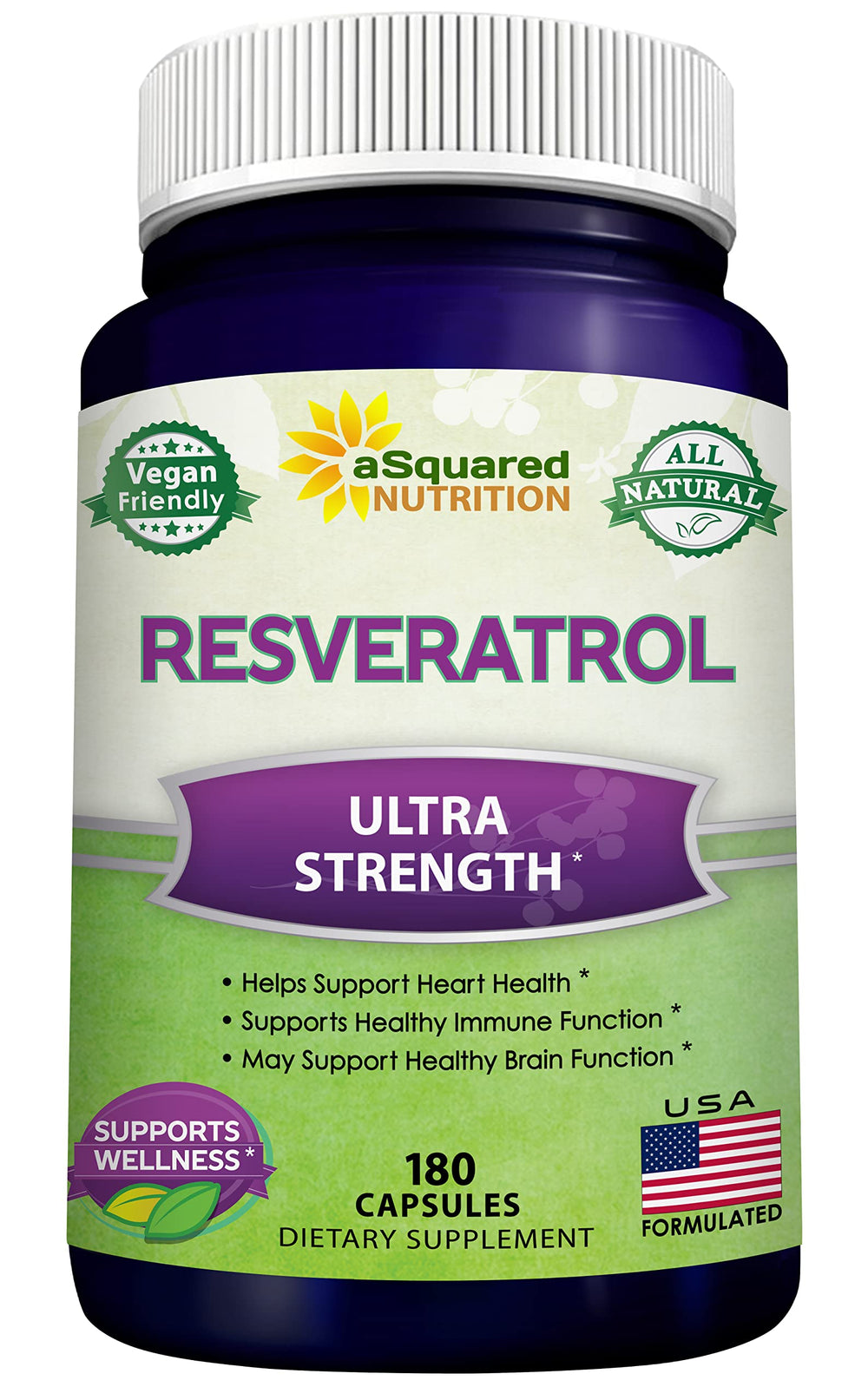 aSquared Nutrition resveratrol bottle label highlights max strength antioxidant support