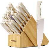 Astercook 22-piece knife set in block with built-in sharpener for easy maintenance.