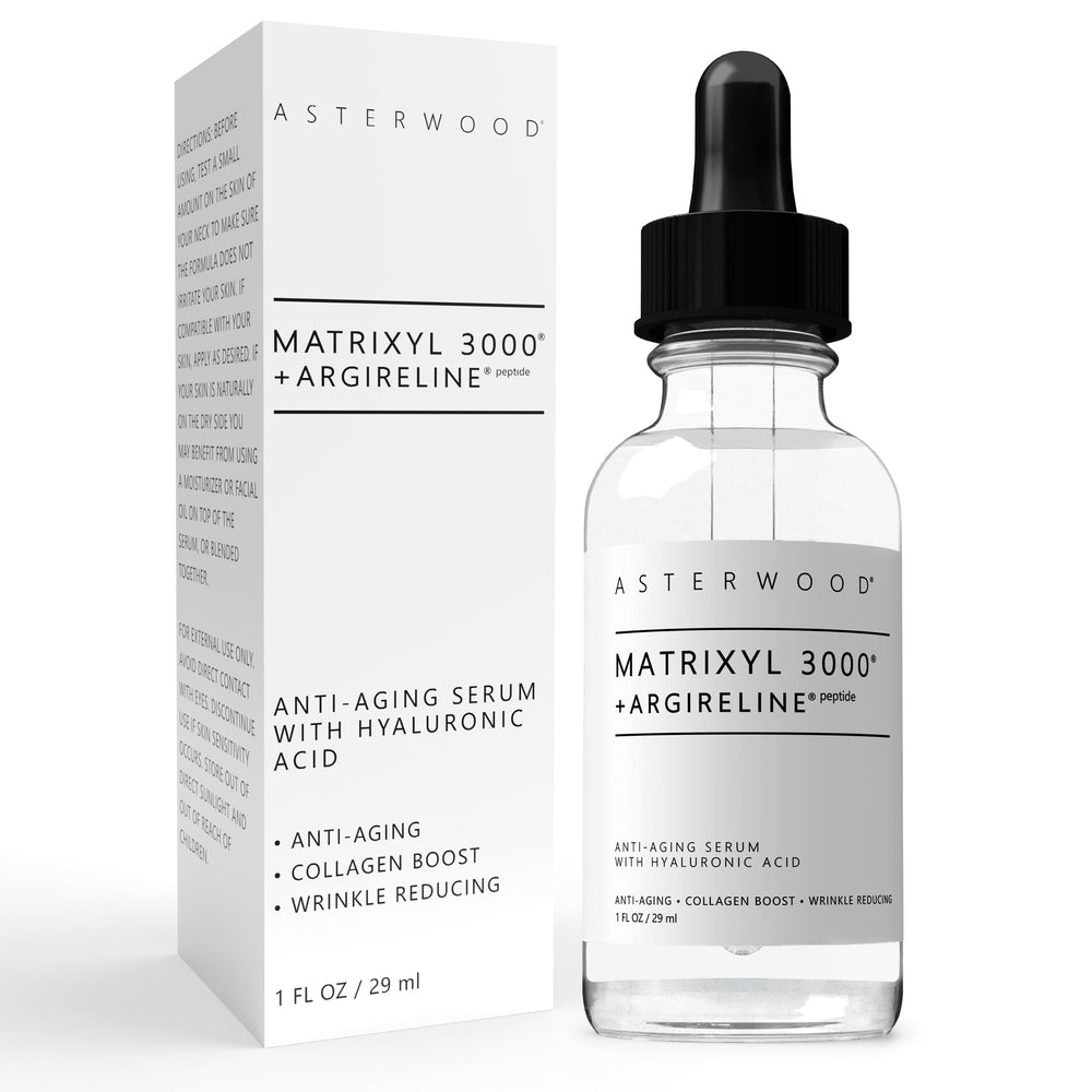 Asterwood Matrixyl 3000 + Argireline serum bottle close-up showing premium packaging for firmer-looking skin