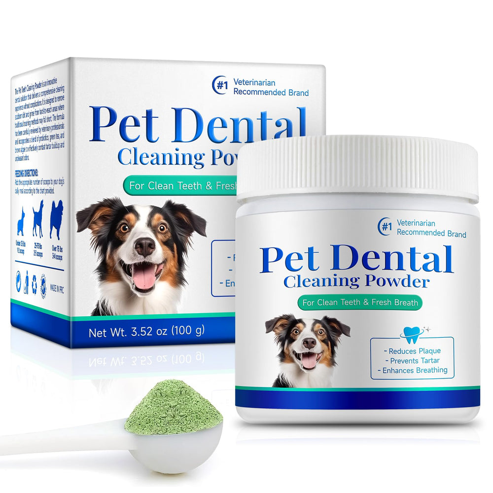 asusxcli dog dental powder tub showing probiotic formula for fresher breath