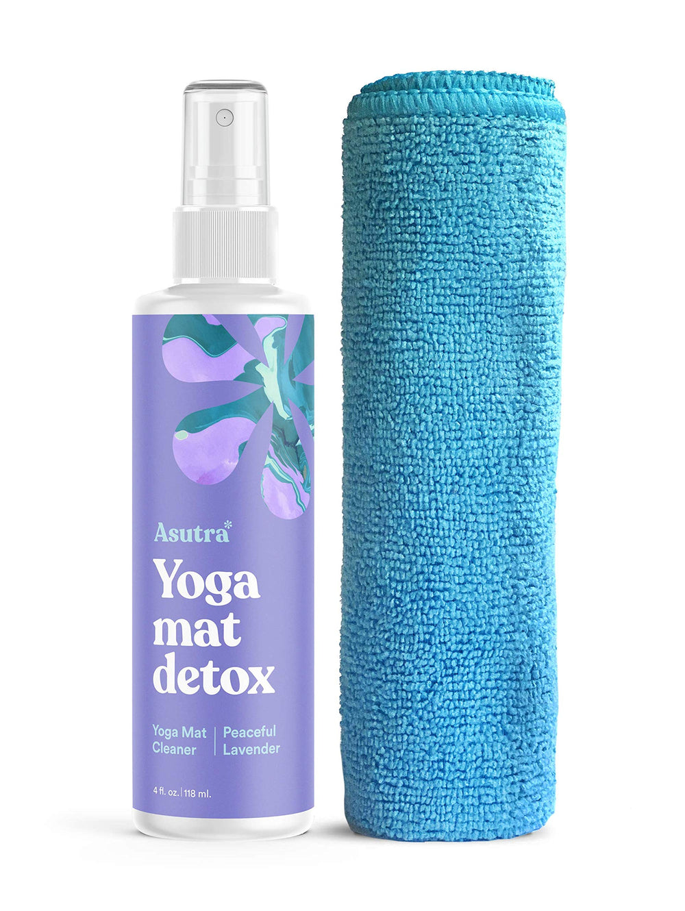 ASUTRA Yoga Mat Cleaner Spray Peaceful Lavender bottle close-up showing calming aroma