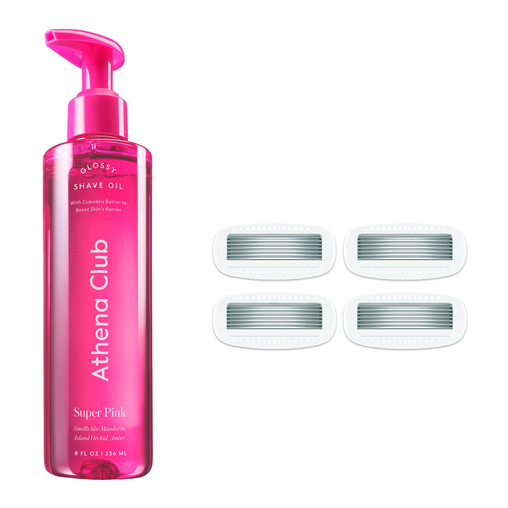 Athena Club Glossy Shave Oil Super Pink bottle promotes smooth glide for sensitive skin.