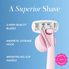 Athena Club rose razor blades close-up with moisture-rich serum.