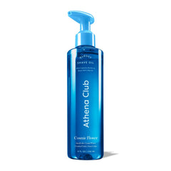 Athena Club Shave Oil bottle closeup highlights hydrating formula for a smooth, comfortable shave.