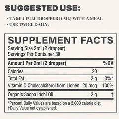Close-up of Athera Drops Sacha Inchi label with Vitamin D3