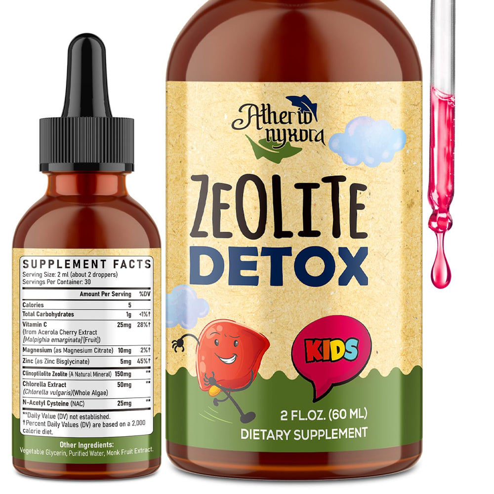 Atherionyxora Zeolite Detox for Kids bottle label highlights natural ingredients.