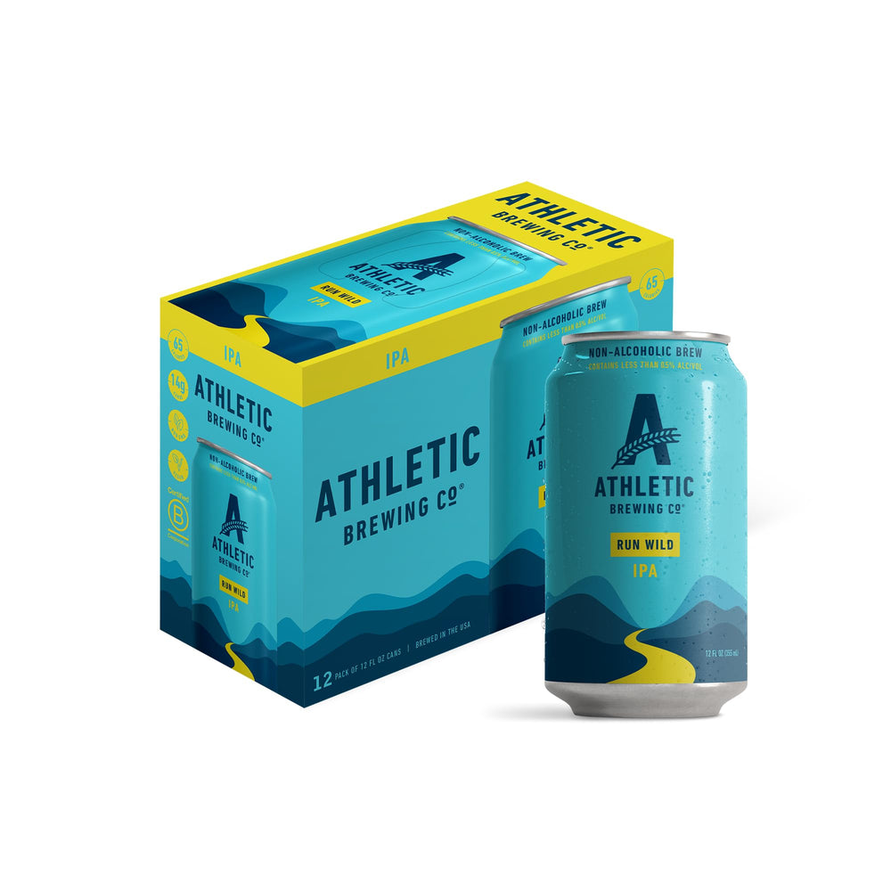 Athletic Brewing Run Wild IPA 12oz can being poured, bold hops flavor for any moment.
