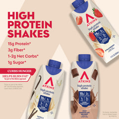 Atkins Best Sellers Strawberry shake glass highlighting fruit-forward flavor and protein