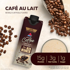 Back label of Atkins Café au Lait shake—gluten-free and keto-friendly nutrition.