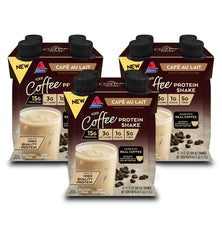 Atkins Café au Lait iced coffee shake bottle front—protein-packed on the go.