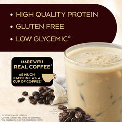 Pouring Atkins Café au Lait shake into a glass—real coffee flavor ready anytime.
