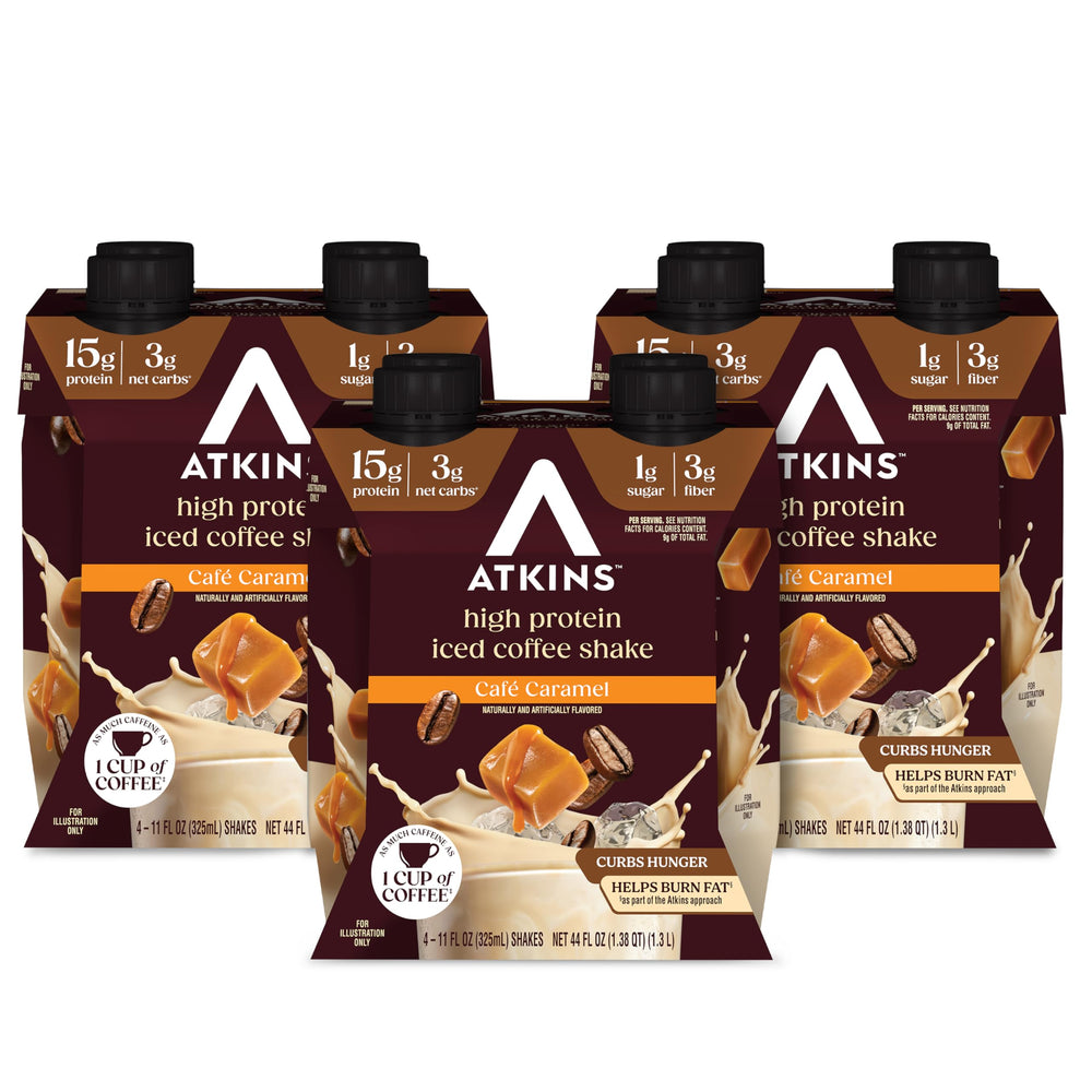 Atkins Café Caramel Iced Coffee Shake bottle highlighting high protein on the go.
