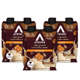 Atkins Café Caramel Iced Coffee Shake bottle highlighting high protein on the go.