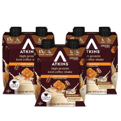 Atkins Café Caramel Iced Coffee Shake bottle highlighting high protein on the go.