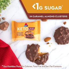 Gluten-free Atkins Caramel Almond Clusters label on packaging.