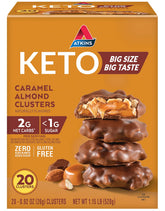 Atkins Caramel Almond Clusters packaging on shelf, gluten-free keto-friendly snack.