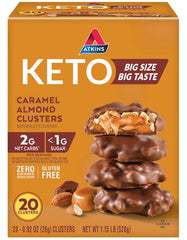 Atkins Caramel Almond Clusters packaging on shelf, gluten-free keto-friendly snack.