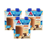 Atkins Chocolate Banana Protein Shake bottle highlights high protein and low net carbs.