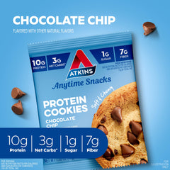 Close-up bite of Atkins cookie with chocolate chips.