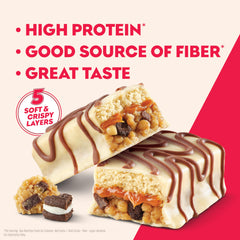 Atkins Cookie Fusion Bar cut-open reveals creamy coating and caramel swirls.