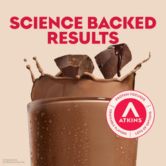 Atkins Dark Chocolate Royale poured into a glass, inviting a rich, chocolate-forward tasting experience.