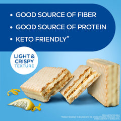 Atkins Lemon Crème Wafer Crisps texture close-up reveals crisp-chewy contrast