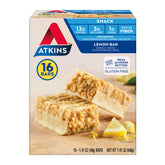 Atkins lemon snack bar packaging shown for on-the-go energy and convenience.