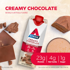 Pouring Atkins Creamy Chocolate Shake into a glass to enjoy a protein rich snack.