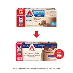 Atkins Milk Chocolate Delight Shake pack shot for busy mornings