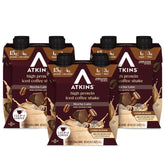 Atkins Mocha Latte iced coffee shake bottle, keto-friendly protein for on-the-go mornings.
