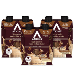 Atkins Mocha Latte iced coffee shake bottle, keto-friendly protein for on-the-go mornings.