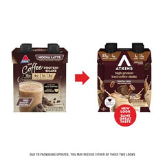 Atkins Mocha Latte iced coffee shake pour glass, energizing caffeine with protein support.
